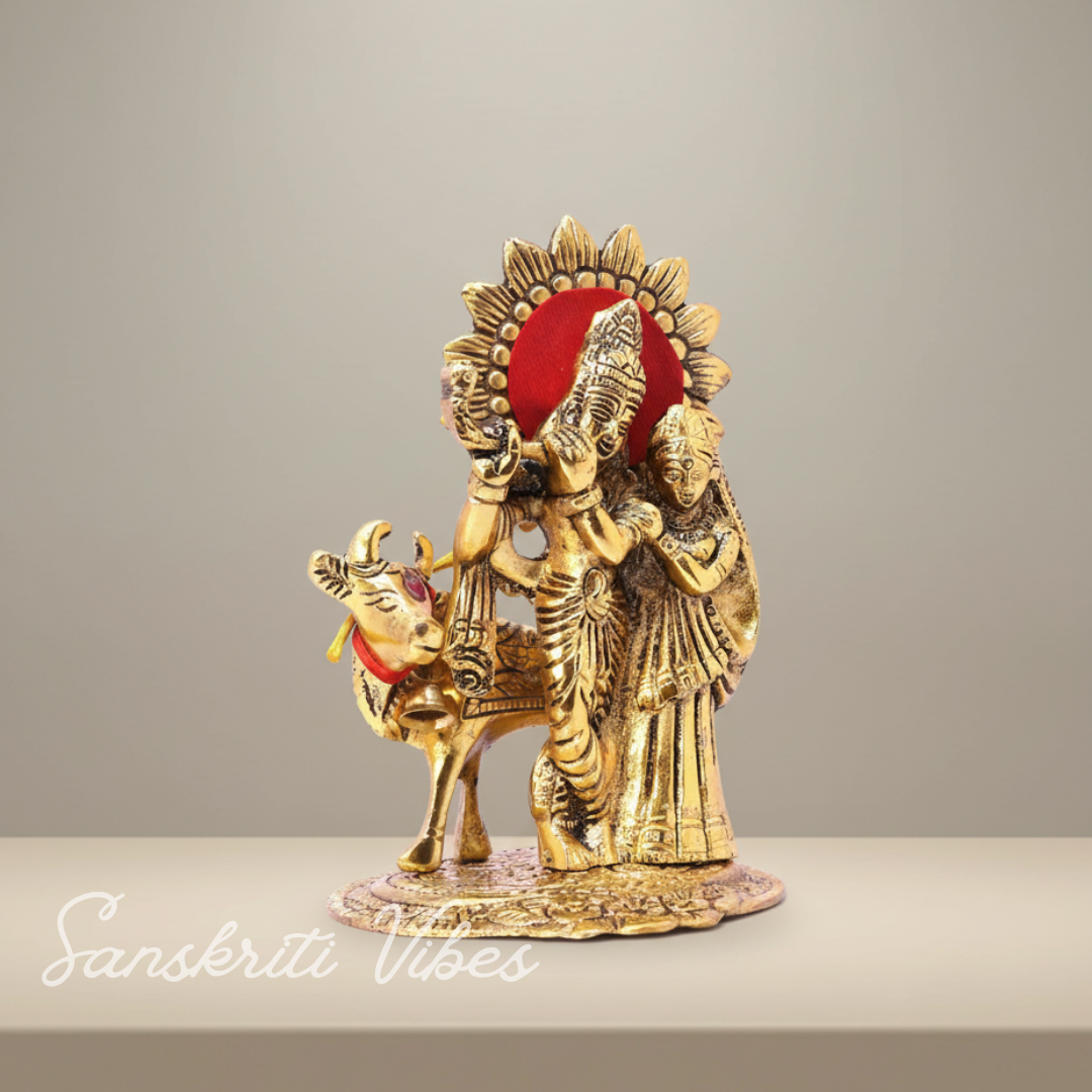 Metal Radha Krishna Standing with Cow Statue for Home Decor, Office Decor and Gift Purpose Decorative Showpiece 16 cm Metal Idol