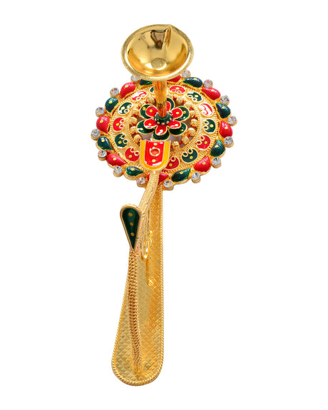 Pooja Diya Aarti Metal Stand – Ornamental Diya for Wick Balls & Sticks - Retail Maharaj