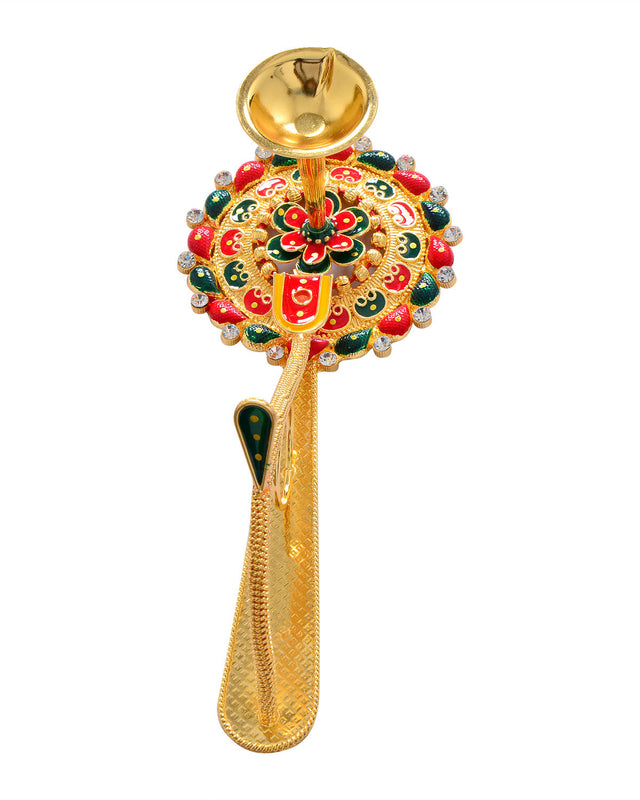 Pooja Diya Aarti Metal Stand – Ornamental Diya for Wick Balls & Sticks - Retail Maharaj