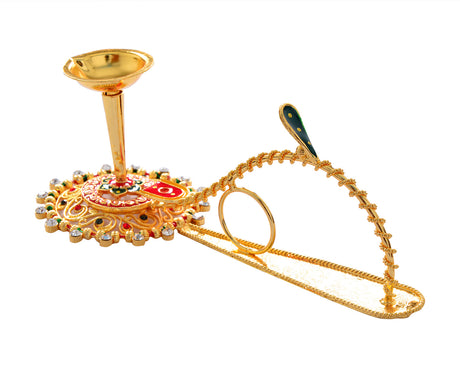 Pooja Diya Aarti Metal Stand – Diya for Wick Sticks with Ornate Design - Retail Maharaj