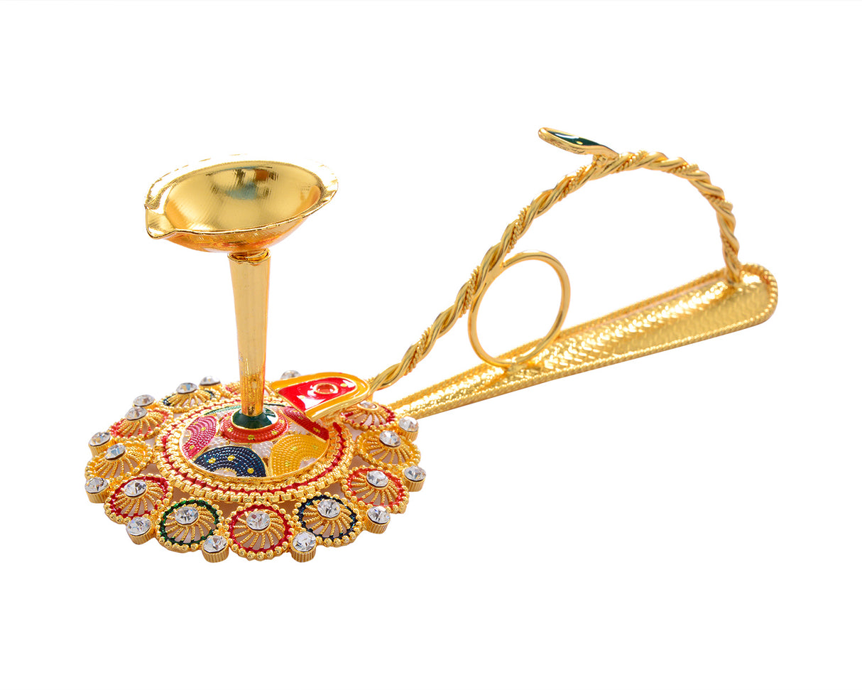 Pooja Diya Aarti Metal Stand – Ornate Diya for Wick Sticks - Retail Maharaj