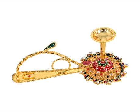 Pooja Diya Aarti Metal Stand – Decorative Diya for Wick Sticks - Retail Maharaj