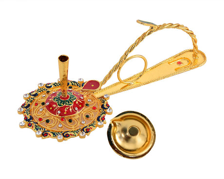 Pooja Diya Aarti Metal Stand – Decorative Diya for Wick Sticks - Retail Maharaj