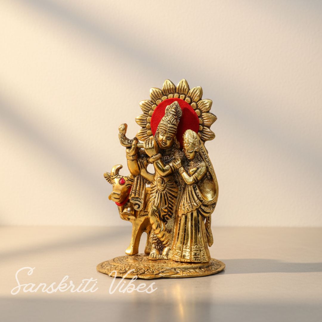 Metal Radha Krishna Standing with Cow Statue for Home Decor, Office Decor and Gift Purpose Decorative Showpiece 16 cm Metal Idol