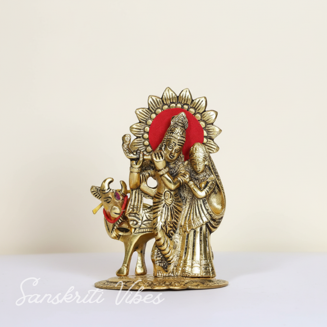 Metal Radha Krishna Standing with Cow Statue for Home Decor, Office Decor and Gift Purpose Decorative Showpiece 16 cm Metal Idol