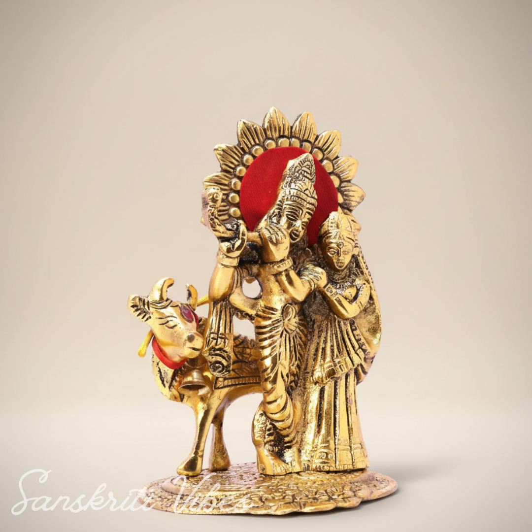 Metal Radha Krishna Standing with Cow Statue for Home Decor, Office Decor and Gift Purpose Decorative Showpiece 16 cm Metal Idol