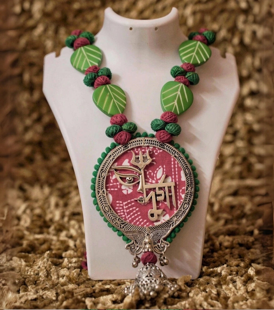 Durga Trishul Statement Necklace – Handcrafted Pink Pendant with Terracotta Beads & Oxidized Metal for Ethnic & Festive Wear - Retail Maharaj