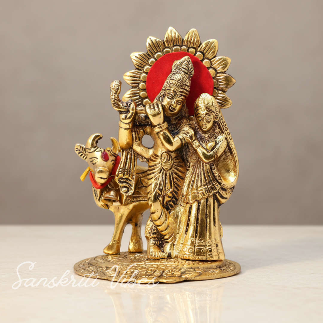 Metal Radha Krishna Standing with Cow Statue for Home Decor, Office Decor and Gift Purpose Decorative Showpiece 16 cm Metal Idol