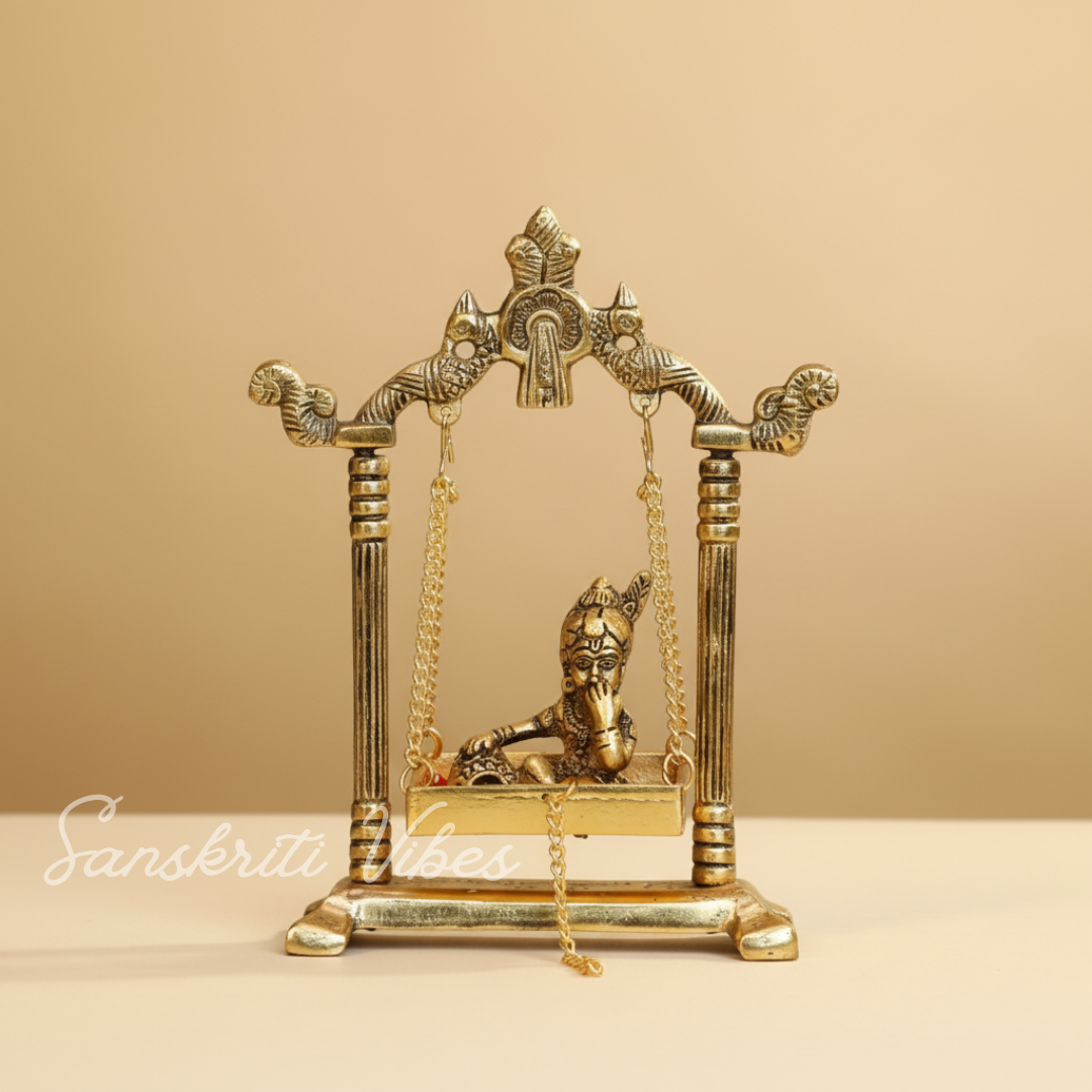 Laddu Gopal Jhula Palana Metal Statue – Gold-Plated Krishna Murti for Home & Office Decor, Religious Gift Idol