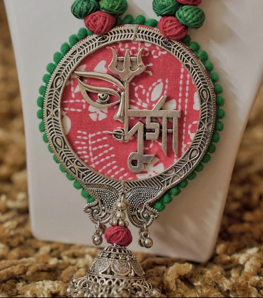Durga Trishul Statement Necklace – Handcrafted Pink Pendant with Terracotta Beads & Oxidized Metal for Ethnic & Festive Wear - Retail Maharaj