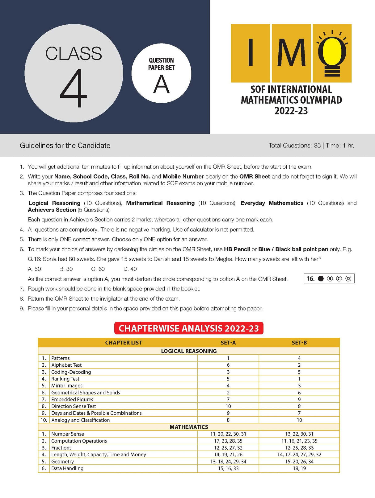 MTG Mathematics (IMO) Olympiad Previous Years Papers with Mock Test Papers Class 4 - Sample OMR Sheet with Chapterwise Analysis | SOF Olympiad Books For 2023-24 Exam MTG Editorial Board MTG Editorial Board - Retail Maharaj