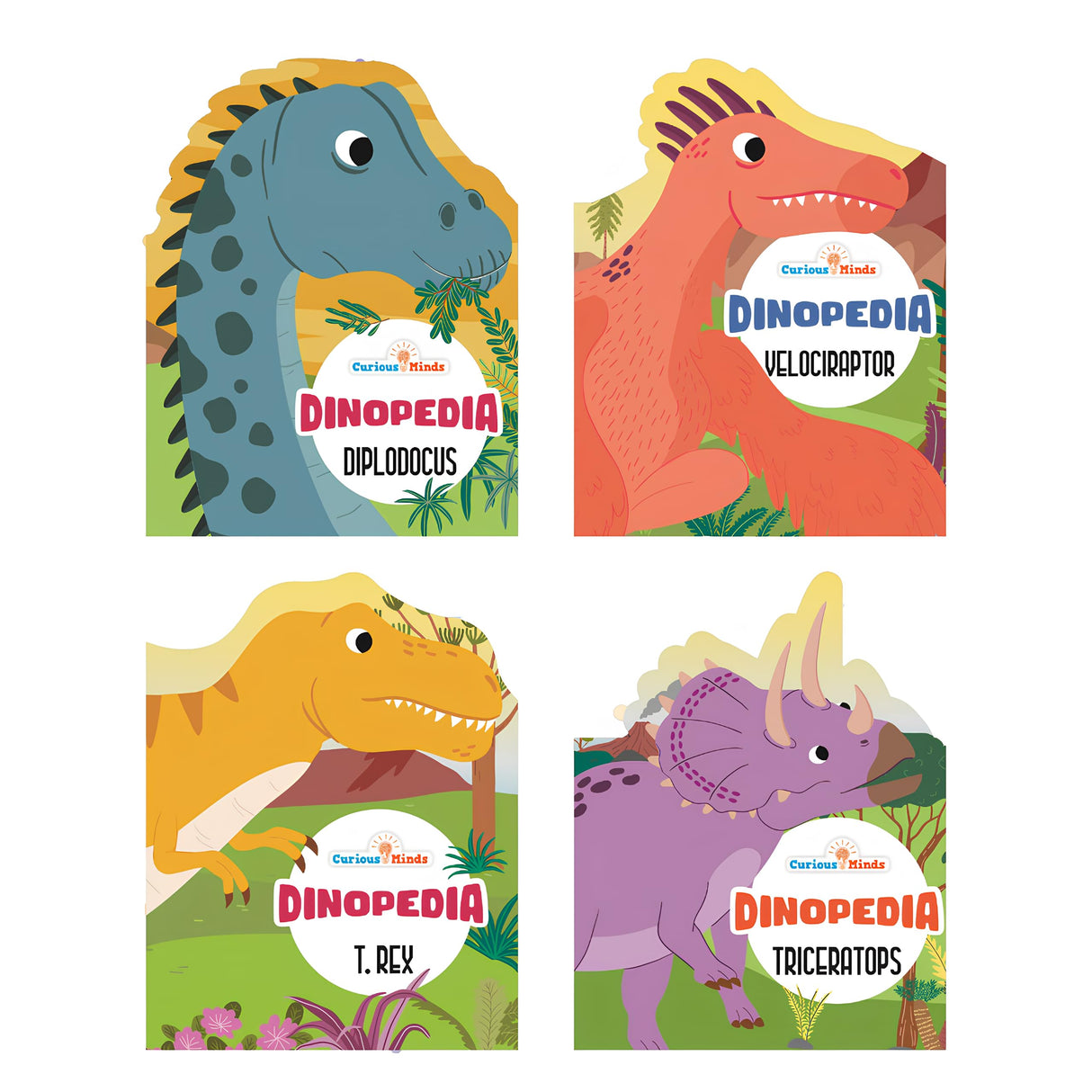 Set of 4 Children Dinosaur Encyclopedia Die Cut Books for 5+ | Dinopedia- T REX, DIPLODOCUS,TRICERATOPS,VELOCIRAPTOR - Retail Maharaj