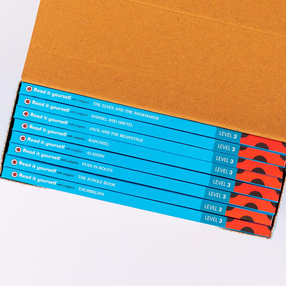 Ladybird Read It Yourself Tuck Box Level 3: 8 Books Box Set (The Elves and the Shoemaker, Hansel and Gretel, Jack and the Beanstalk, Rapunzel, Aladdin, Puss in Boots, The Jungle Book, Thumbelina) - Retail Maharaj
