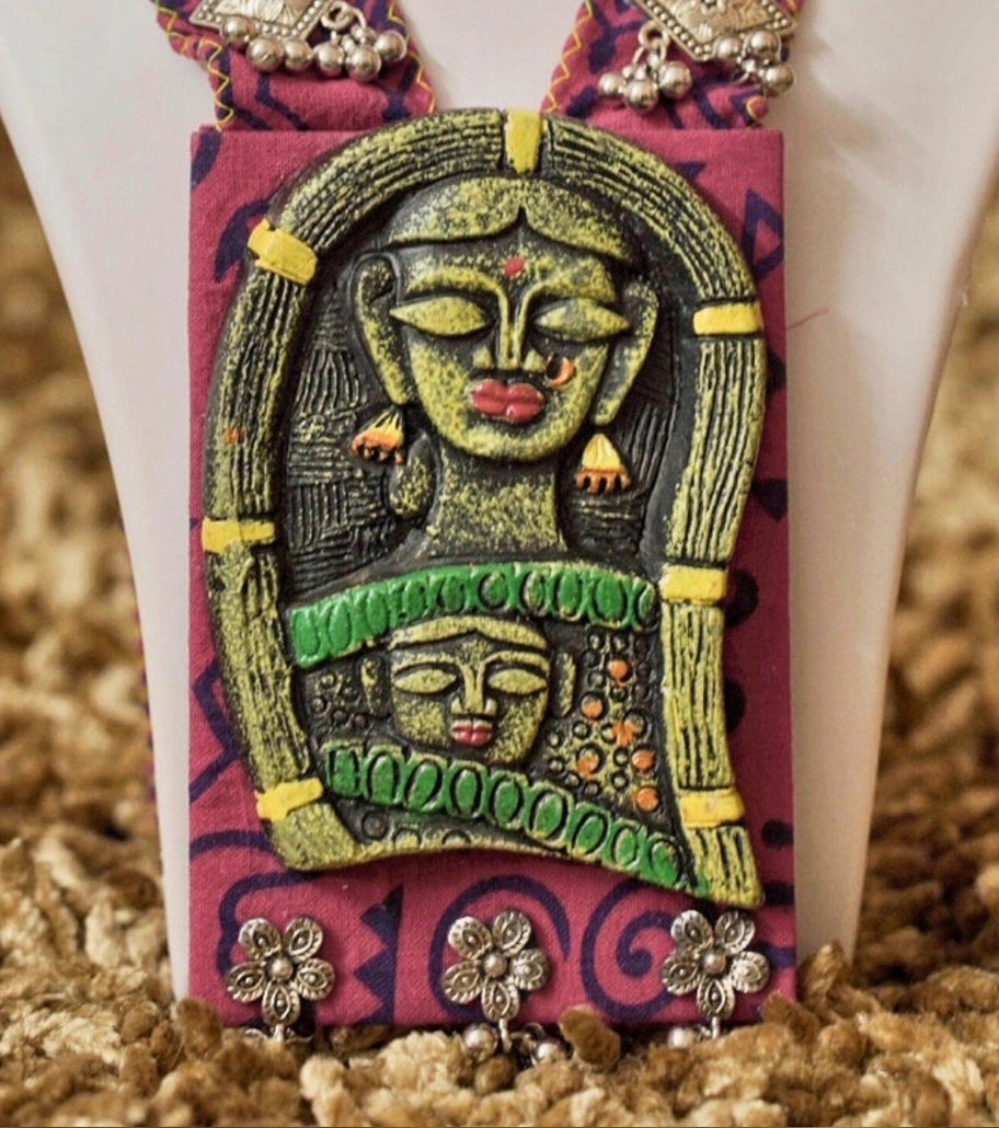 Tribal Muse Statement Necklace Set – Handcrafted Folk Art Pendant with Terracotta, Fabric, and Beads - Retail Maharaj