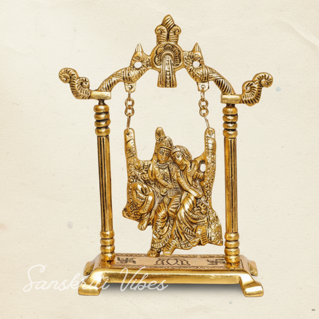 Radha Krishna on Swing Jhula Gold Plated Metal Statue for Home Decor Spiritual Decorative Showpiece