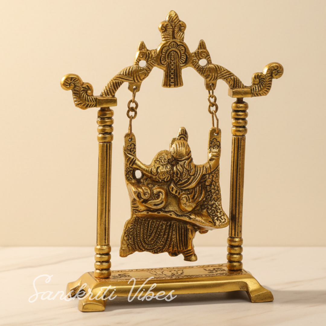 Radha Krishna on Swing Jhula Gold Plated Metal Statue for Home Decor Spiritual Decorative Showpiece