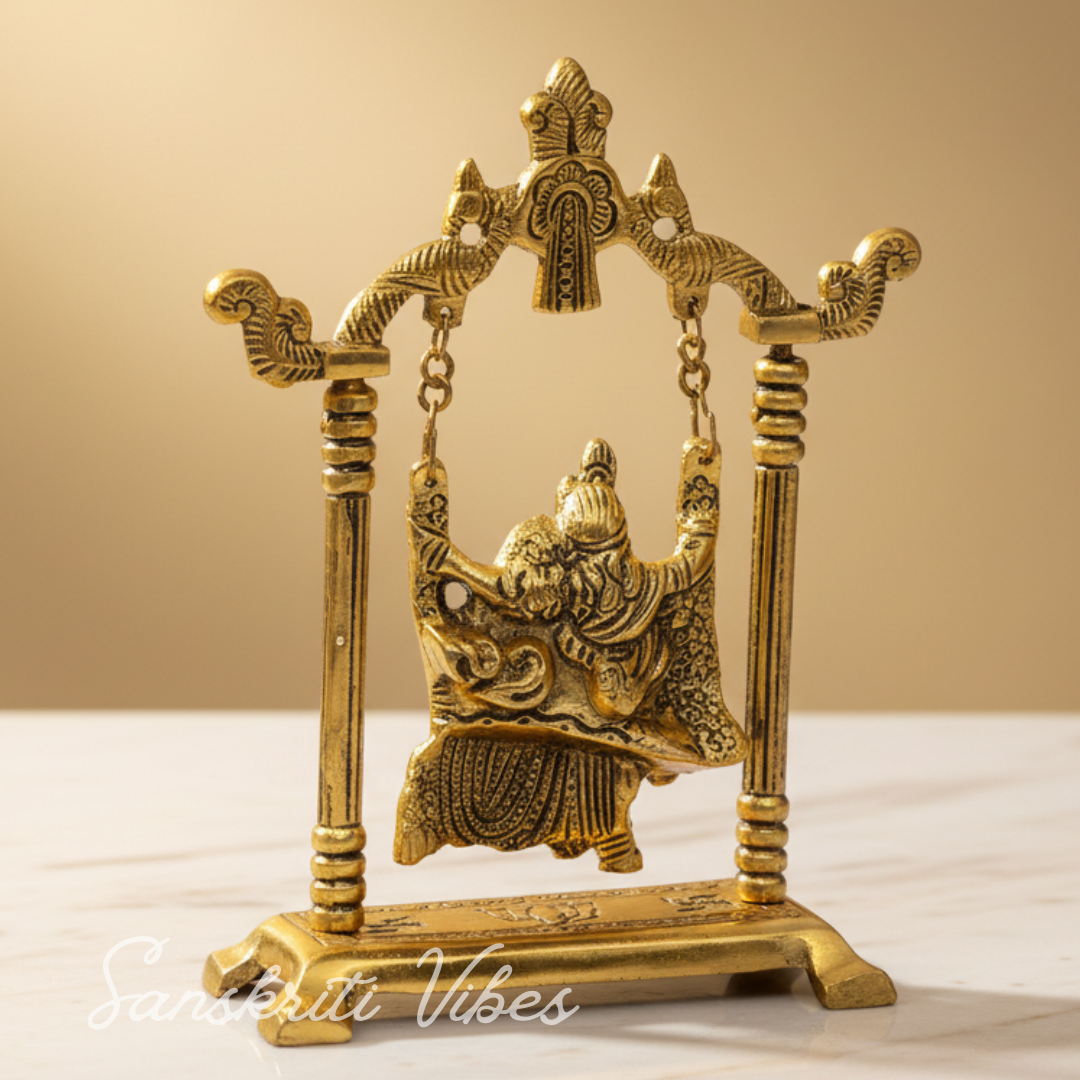 Radha Krishna on Swing Jhula Gold Plated Metal Statue for Home Decor Spiritual Decorative Showpiece