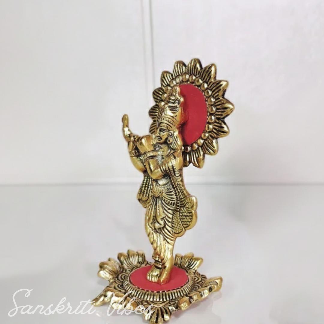 Metal Krishna Standing Playing Flute Gold Finish Statue for Pooja Room Home Decor Aluminium Decorative Showpiece