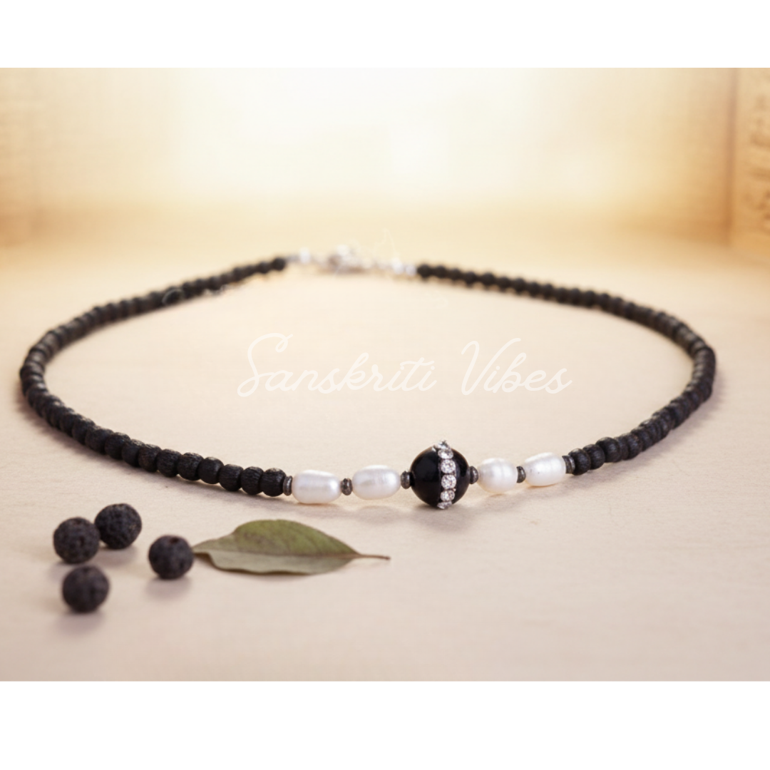 Designer Shyama Black Tulsi Kanthi Mala with Pearl and Silver Balls | Handcrafted Spiritual Necklace for Peace, Protection and Positivity