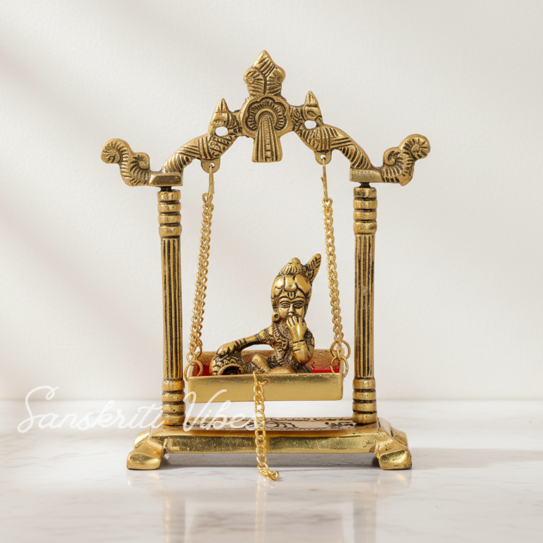 Laddu Gopal Jhula Palana Metal Statue – Gold-Plated Krishna Murti for Home & Office Decor, Religious Gift Idol