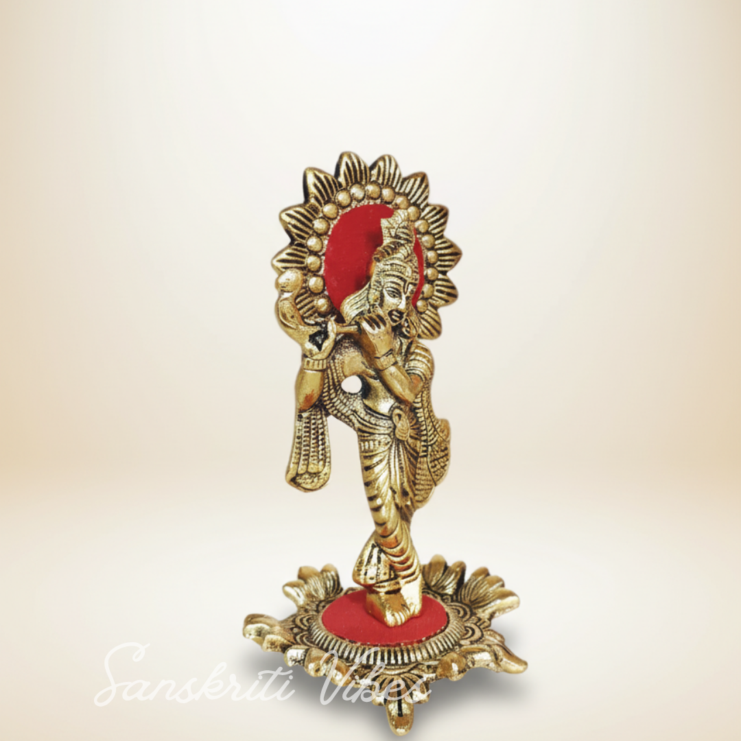 Metal Krishna Standing Playing Flute Gold Finish Statue for Pooja Room Home Decor Aluminium Decorative Showpiece