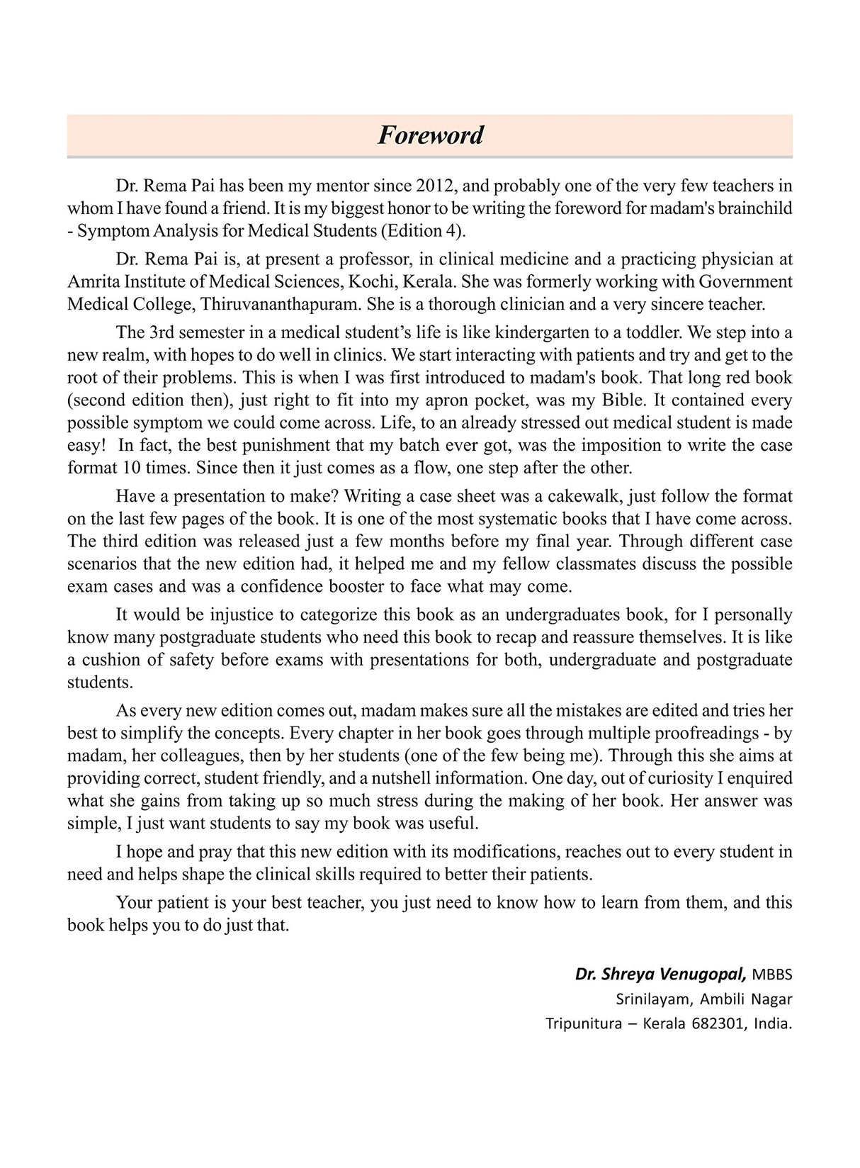 Symptom Analysis for Medical Students, Rema Pai - 4th, 2018.0