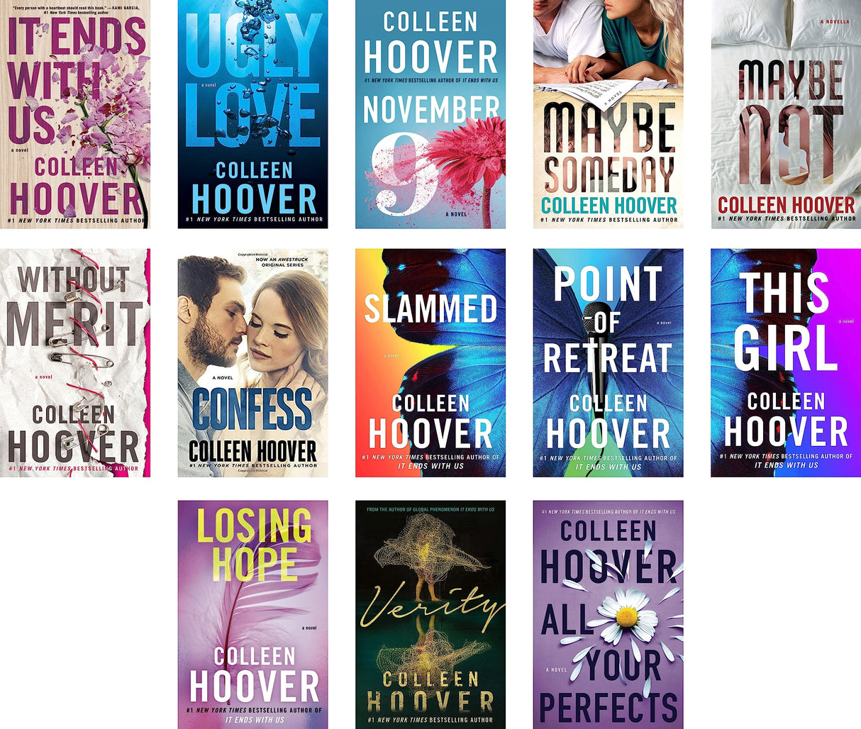 Colleen Hoover 13 Books Collection Set It Ends With Us; Ugly Love; November 9; Maybe Someday; All Your Perfects; Maybe Not; Without Merit; Slammed; Point Of Retreat; Verity; Confess; Losing Hope - Retail Maharaj