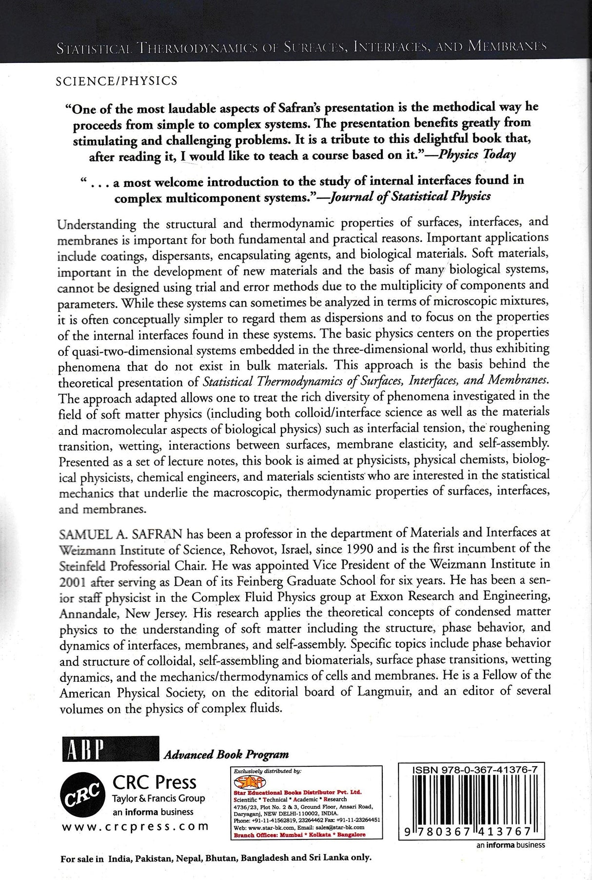 Statistical Thermodynamics Of Surfaces, Interfaces, And Membranes - Retail Maharaj