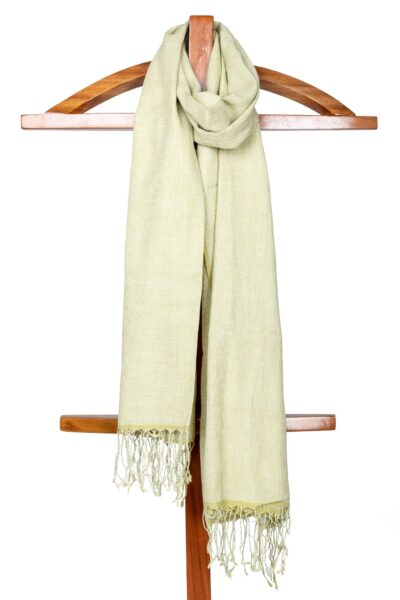 Handwoven Light Moss Green and White Check Houndstooth Cotton Scarf - Retail Maharaj