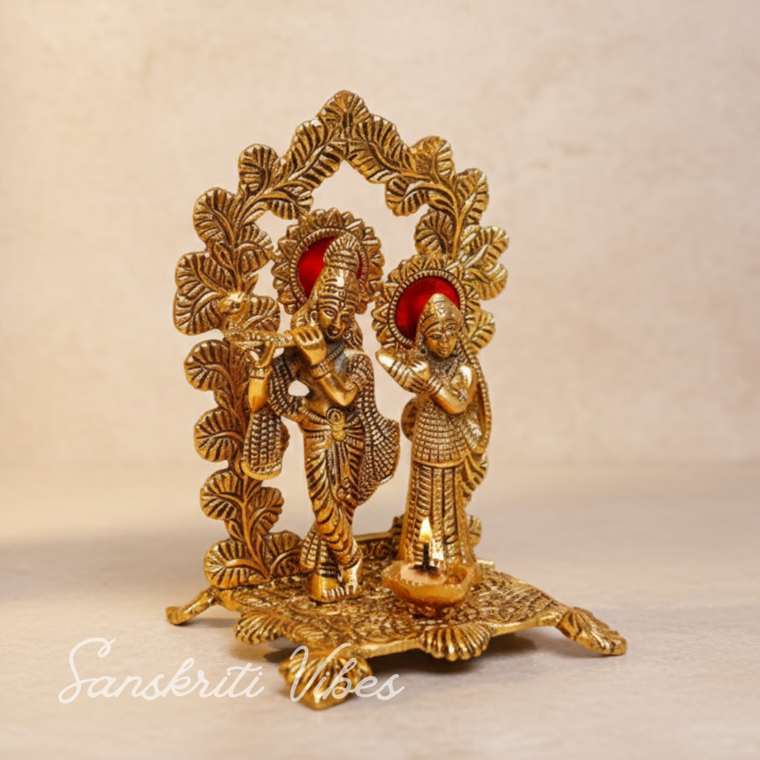 Radha Krishna Standing Playing Flute Metal Statue Gold Antique Finish for Pooja Room Home Decor Spiritual Showpiece