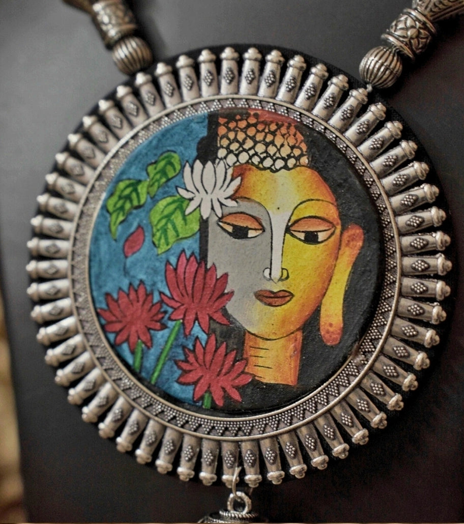 Divine Bloom Buddha Pendant Set – Hand-Painted Spiritual Necklace and Earrings - Retail Maharaj