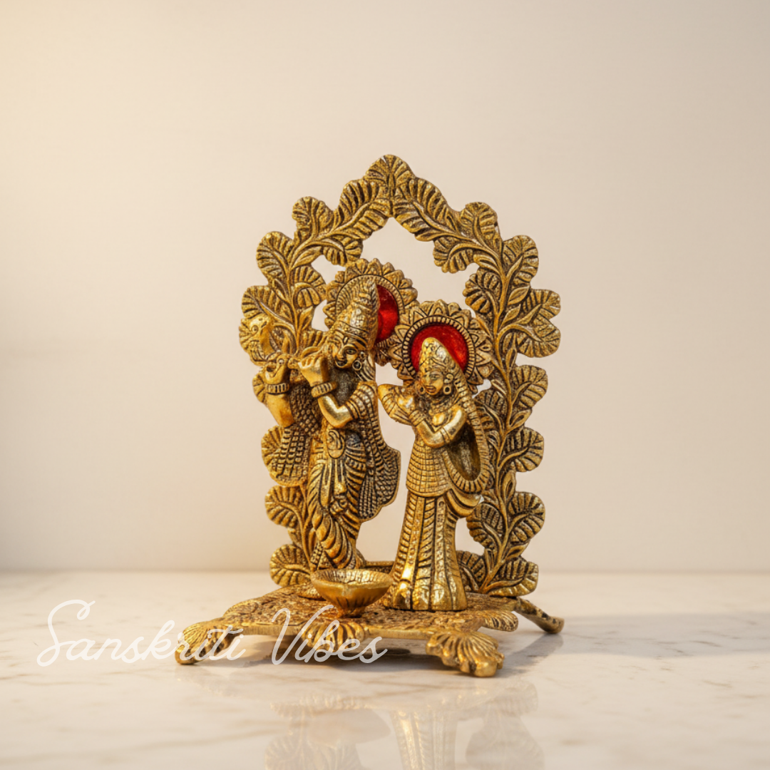 Radha Krishna Standing Playing Flute Metal Statue Gold Antique Finish for Pooja Room Home Decor Spiritual Showpiece