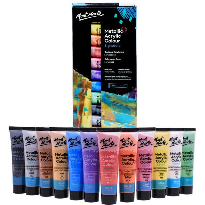Mont Marte Metallic Signature Acrylic Paint Set 12 Tubes 36ml Each - Retail Maharaj