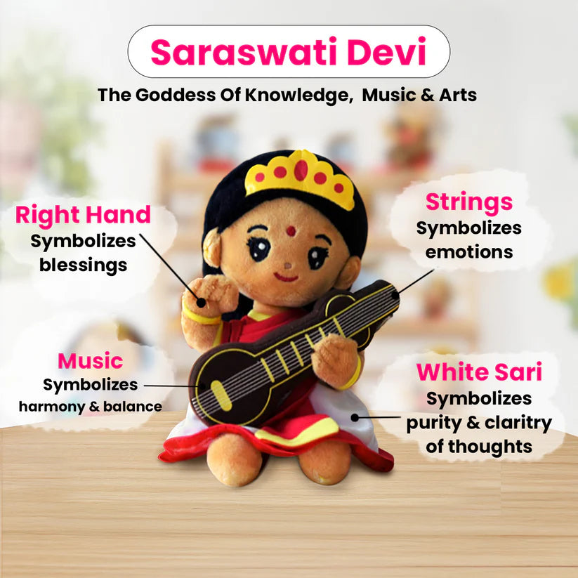Saraswati Devi Plush Toy with Mantras (07 inch) - Retail Maharaj