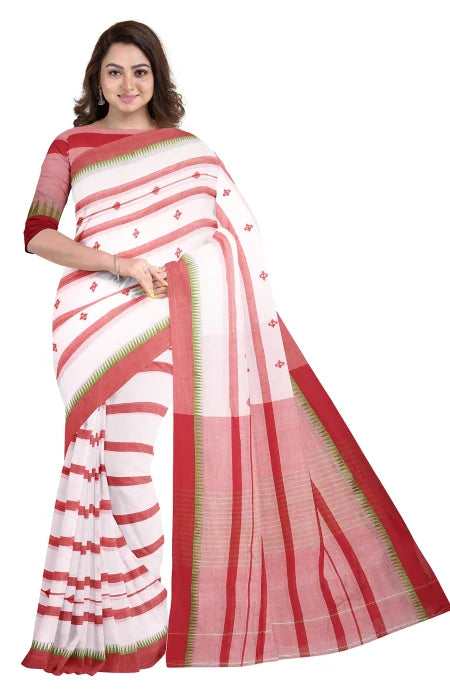 Tangail Mercerized Cotton Saree – White & Red - Retail Maharaj