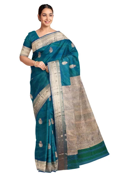 Baluchari Silk Saree with Zari Work – Peacock Green - Retail Maharaj