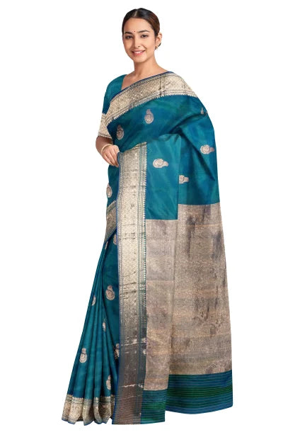 Baluchari Silk Saree with Zari Work – Peacock Green - Retail Maharaj