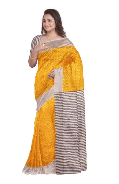 Handcrafted Kantha Silk Jalchuri Saree – Yellow - Retail Maharaj