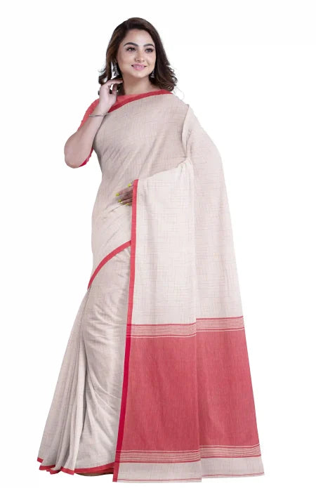 White and Red Tangail Handspun Cotton Saree - Retail Maharaj