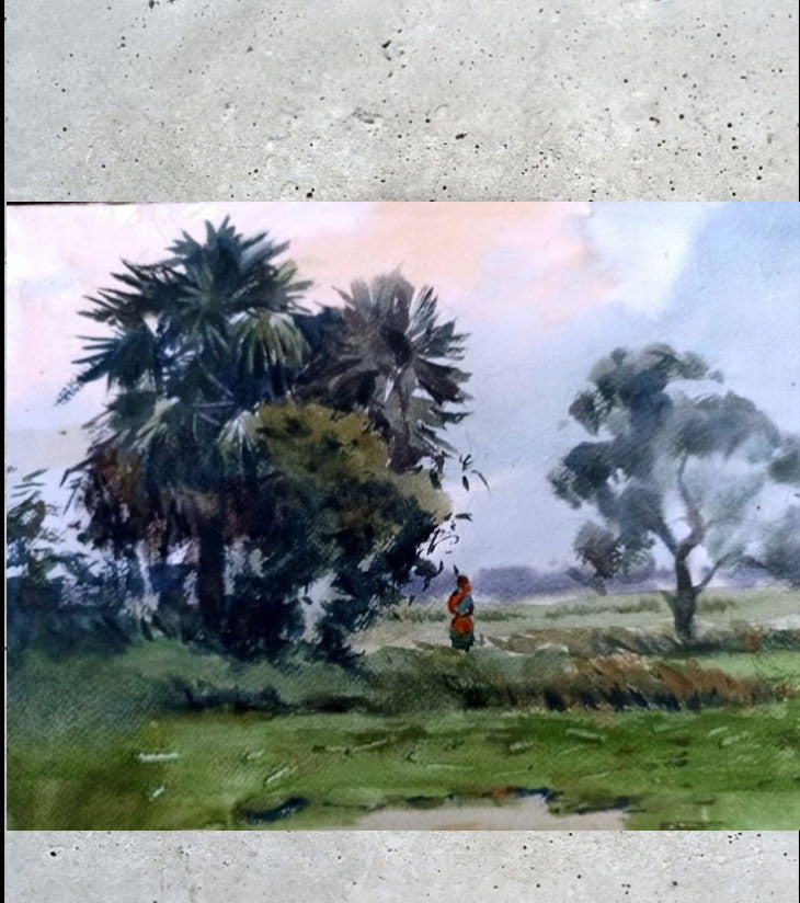 Banglar Khet – Watercolor Landscape Painting (A3) - Retail Maharaj