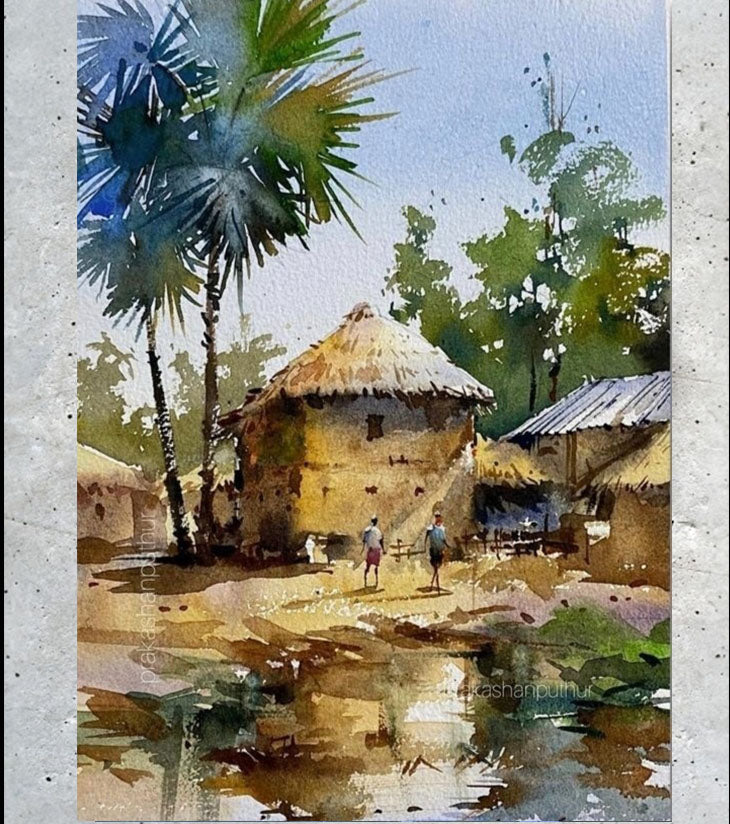 Gramer Bari – A4 Watercolor Painting by Ranjan Kurmi | Traditional Bengali Village Art - Retail Maharaj