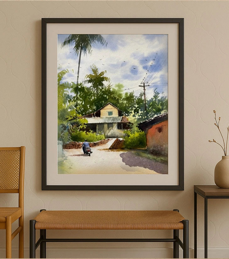 Morning Ride in Mafaswal – A3 Watercolor Painting by Ranjan Kurmi | Rural Landscape Art - Retail Maharaj