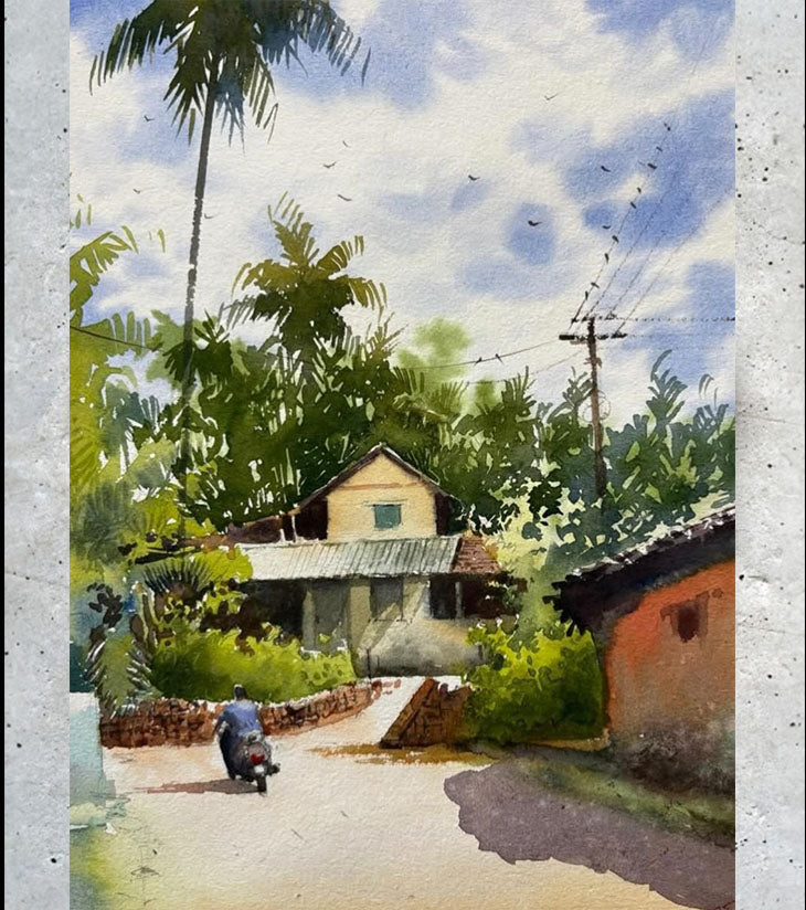 Morning Ride in Mafaswal – A3 Watercolor Painting by Ranjan Kurmi | Rural Landscape Art - Retail Maharaj