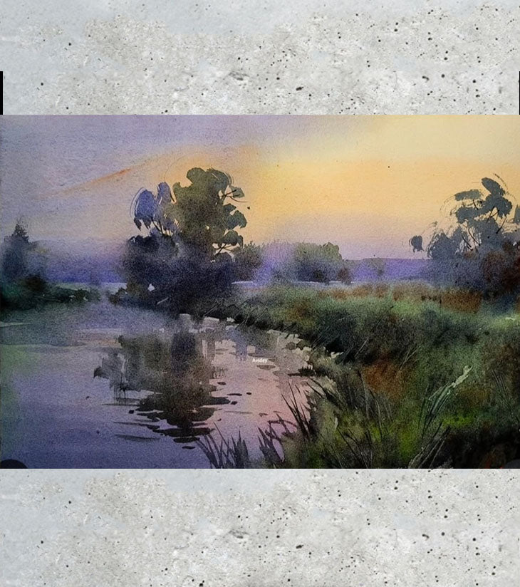 Twilight Reflections – A3 Watercolor Painting by Ranjan Kurmi | Tranquil Village Landscape at Dusk - Retail Maharaj
