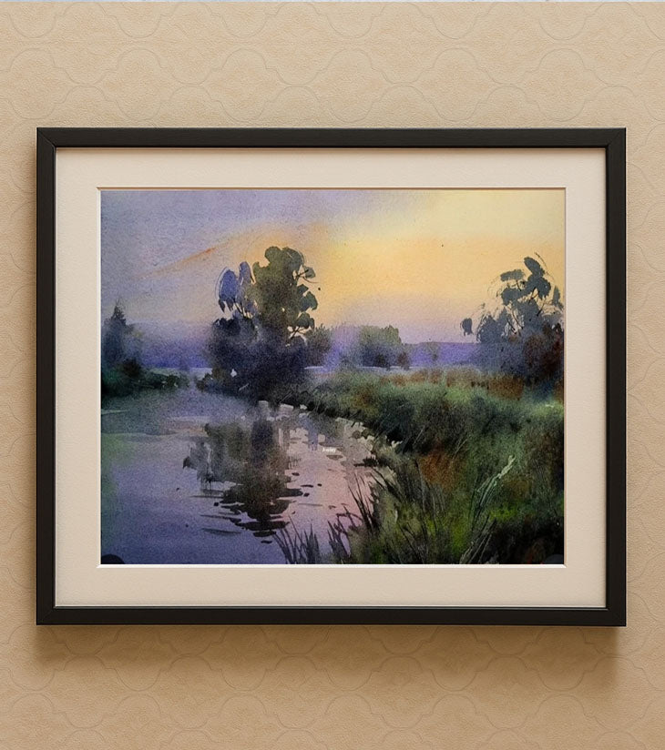 Twilight Reflections – A3 Watercolor Painting by Ranjan Kurmi | Tranquil Village Landscape at Dusk - Retail Maharaj