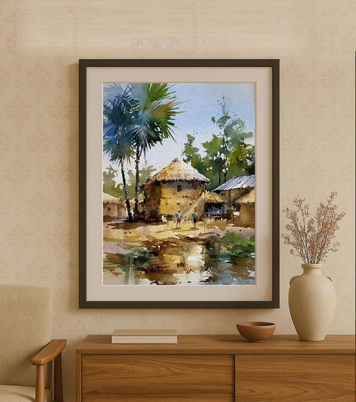 Gramer Bari – A4 Watercolor Painting by Ranjan Kurmi | Traditional Bengali Village Art - Retail Maharaj