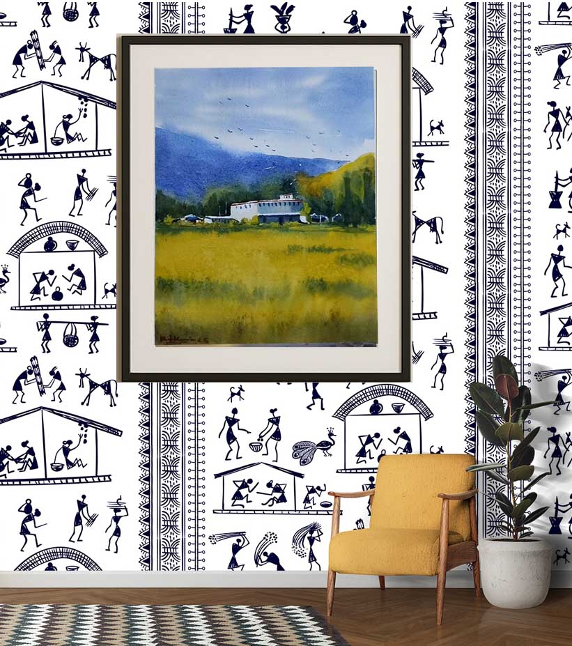 Golden Silence – Tranquil Watercolor Landscape by Ranjan Kurmi | Countryside Scene Art - Retail Maharaj