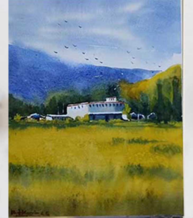 Golden Silence – Tranquil Watercolor Landscape by Ranjan Kurmi | Countryside Scene Art - Retail Maharaj