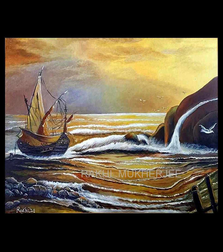 Golden Voyage – Mixed Media Canvas Painting by Rakhi Mukherjee - Retail Maharaj