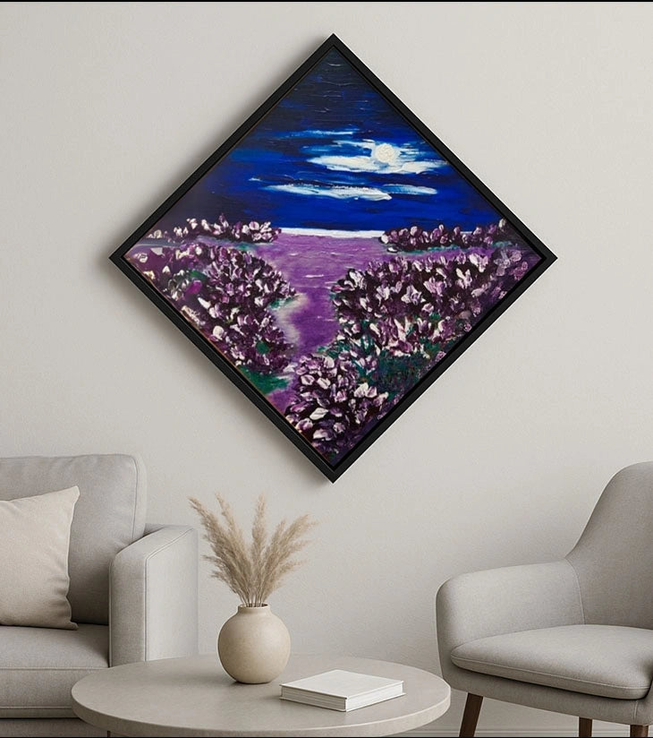 Moonlit Lavender Dreams – Hand-painted Acrylic Canvas Art by Samhita Bhowmik | Tranquil Night Landscape - Retail Maharaj